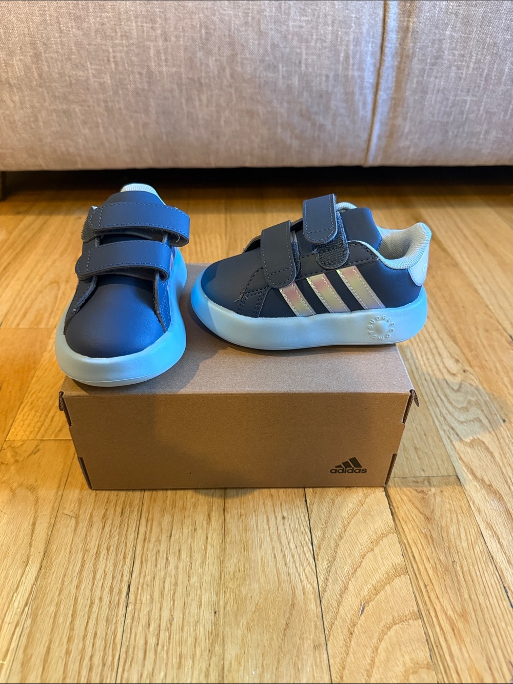 NEW Adidas Kids Navy Blue Hook-and-Loop Sneakers with Iridescent Stripes